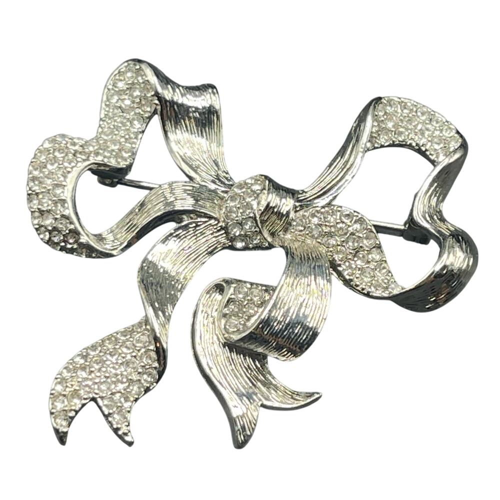 Vintage Monet Bow Brooch Silver Tone Ribbon Pave Rhinestones 2" Pin Signed